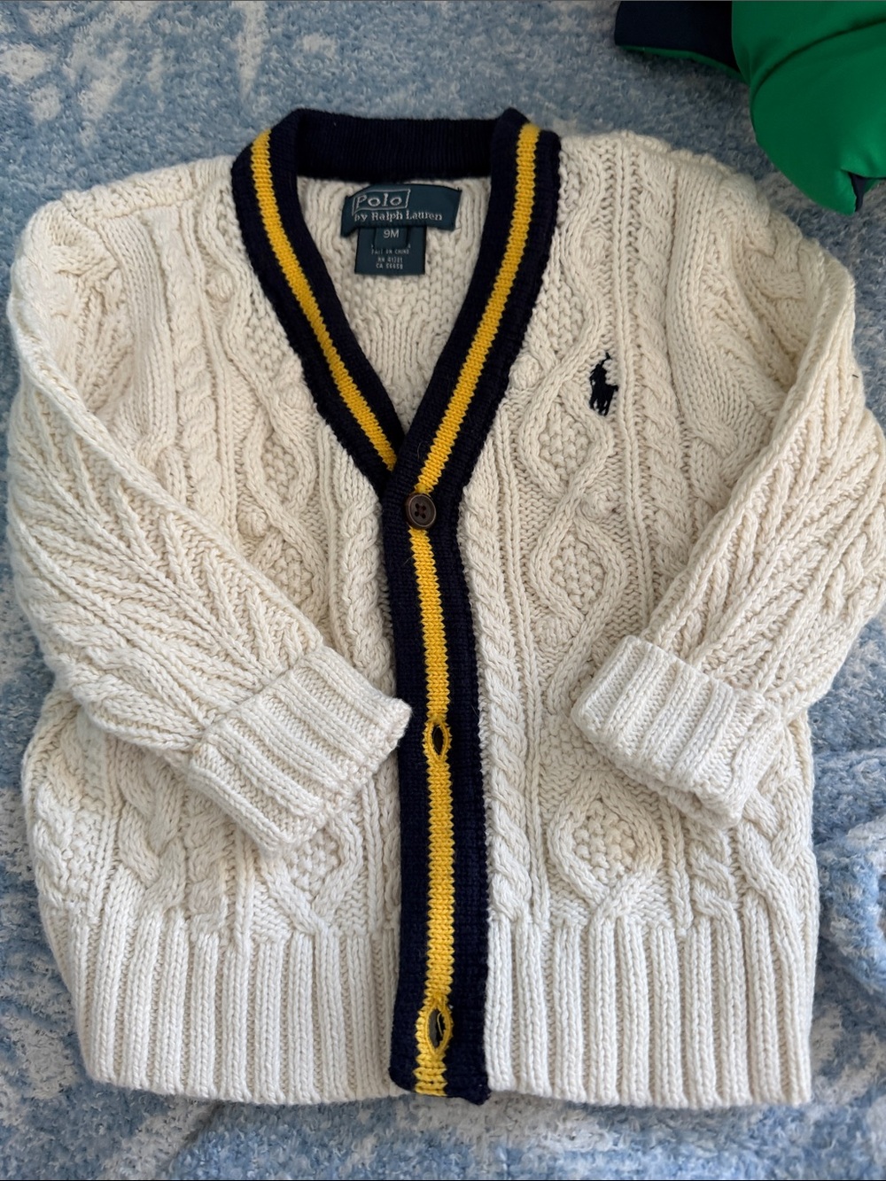 Polo by Ralph Lauren Cream Cable Knit Cardigan with Navy & Yellow Trim